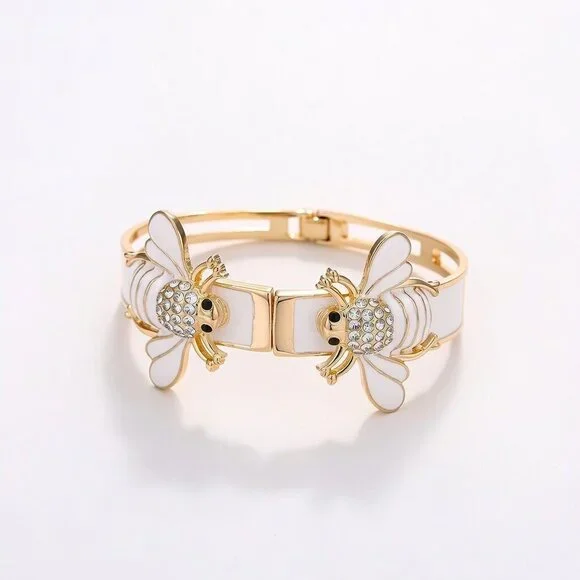 Gold Tone White Enamel Bee Bangle Bracelet Crystal Rhinestone Insect Statement - Picture 2 of 12